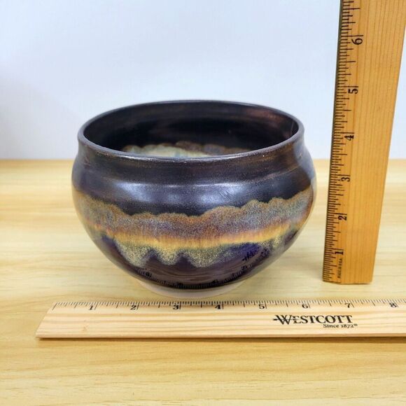Signed Studio Pottery Bowl – Fan Mark – Drip Glaze in Indigo & Earth Tones – 6.5 - Picture 11 of 11